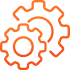 Icône d'engrenages orange entrelacés. Représente les paramètres, la configuration, le mécanisme ou le processus technique d'un système.