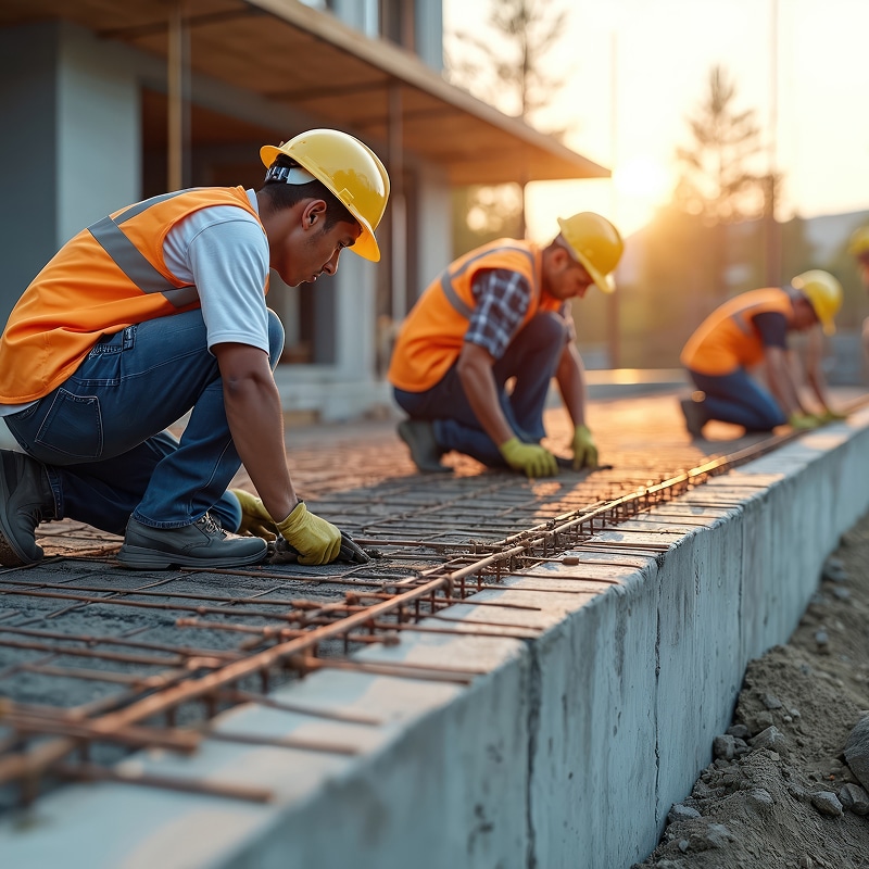 Workers in casques et gilets de sécurité lient les armatures d'une fondation en béton au coucher du soleil.