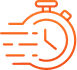 Icône d'un chronomètre orange avec traînées de vitesse, symbolisant la rapidité, l'efficacité et le gain de temps.