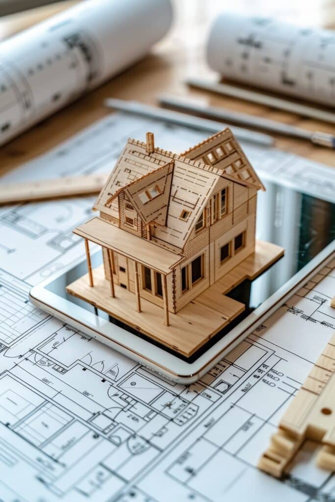 Maquette en bois d'une maison sur tablette, posée sur des plans d'architecte. Rouleaux de plans et outils de dessin en arrière-plan.